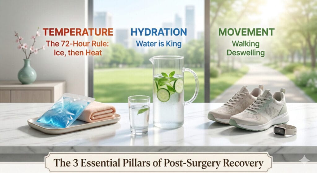 Infographic showing the three essential pillars of Korean plastic surgery recovery: temperature control with ice packs, hydration with fresh water, and movement with walking shoes.