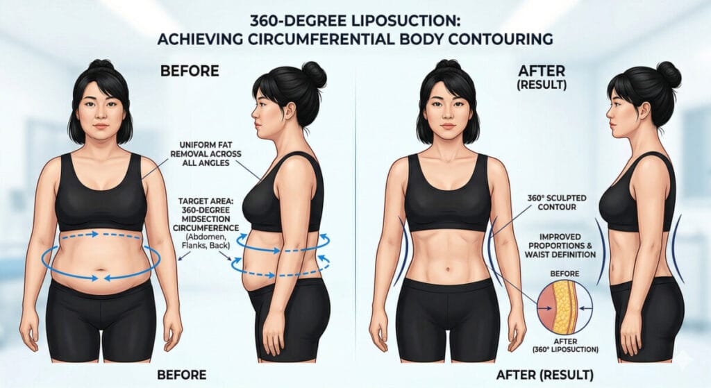 Medical illustration explaining 360-degree liposuction before and after results, demonstrating circumferential fat removal on the abdomen, flanks, and back in a Gangnam VIP clinic.