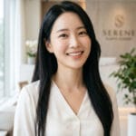 A smiling Korean woman in her late 20s with long straight hair, standing in the bright and luxurious lobby of a VIP plastic surgery clinic.