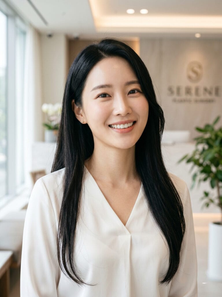 A smiling Korean woman in her late 20s with long straight hair, standing in the bright and luxurious lobby of a VIP plastic surgery clinic.