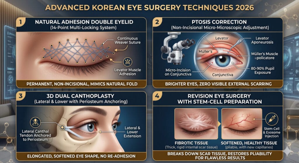 Comprehensive infographic explaining 2026 advanced Korean eye surgery techniques including 14-point natural adhesion, non-incisional ptosis correction, 3D dual canthoplasty with periosteum anchoring, and stem-cell revision eye surgery preparation at Gangnam clinics.