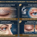 Comprehensive infographic explaining 2026 advanced Korean eye surgery techniques including 14-point natural adhesion, non-incisional ptosis correction, 3D dual canthoplasty with periosteum anchoring, and stem-cell revision eye surgery preparation at Gangnam clinics.