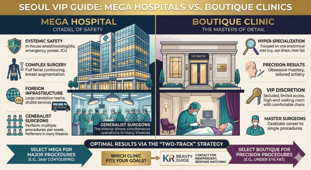 Infographic comparing Mega Hospitals and Boutique Clinics in Seoul, highlighting the two-track strategy for Korean celebrity plastic surgery with KR Beauty Guide.