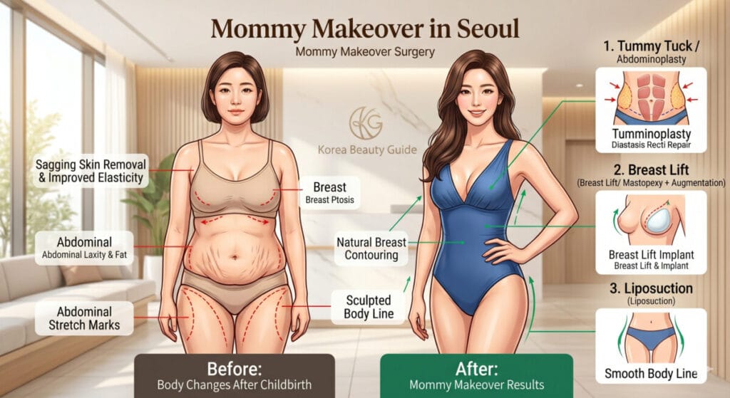 Infographic showing Mommy Makeover results in Seoul, including breast lift and tummy tuck before and after changes.