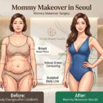 Infographic showing Mommy Makeover results in Seoul, including breast lift and tummy tuck before and after changes.
