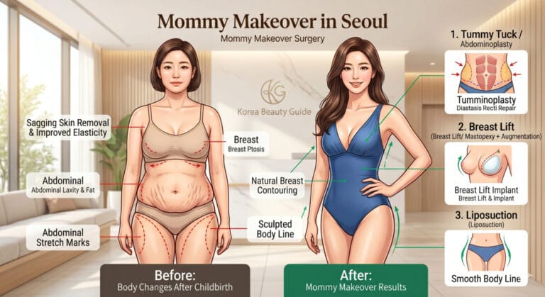 Infographic showing Mommy Makeover results in Seoul, including breast lift and tummy tuck before and after changes.