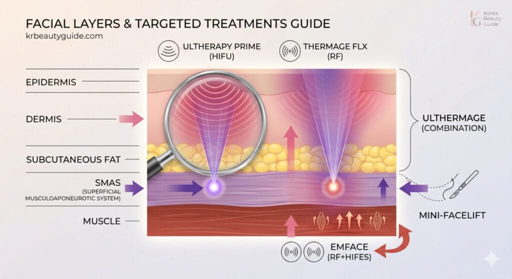 A medical illustration diagram from Korea Beauty Guide comparing the skin layer depth and targeted treatment zones of Ultherapy Prime, Thermage FLX, Ulthermage combination, and Mini-Facelift in Gangnam for VIP aesthetic patients.