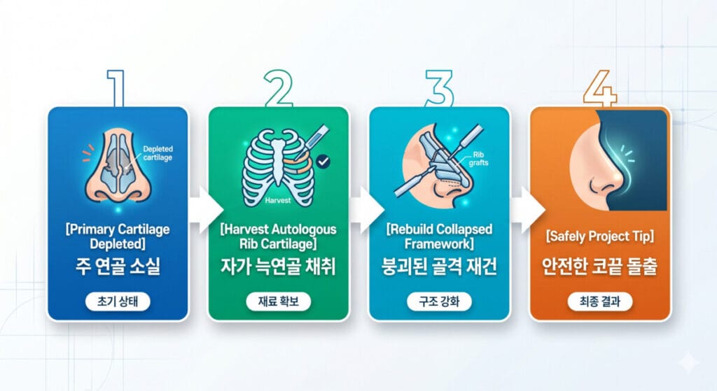 A clean infographic illustrating the 4-step process of an autologous rib cartilage revision rhinoplasty. At the top is a text summary of the entire process: '[Primary Cartilage Depleted] ➔ [Harvest Autologous Rib Cartilage] ➔ [Rebuild Collapsed Framework & Safely Project Tip]'. Four numbered panels flow horizontally, each containing a title, an icon, and text in both Korean and English. Step 1: 'Primary Cartilage Loss' (Nose icon, describing the initial state); Step 2: 'Harvest Autologous Rib Cartilage' (Ribcage icon, describing material sourcing); Step 3: 'Rebuild Collapsed Framework' (Nose reconstruction icon, describing structural reinforcement); Step 4: 'Safely Project Tip' (Side profile nose icon, describing the final result).