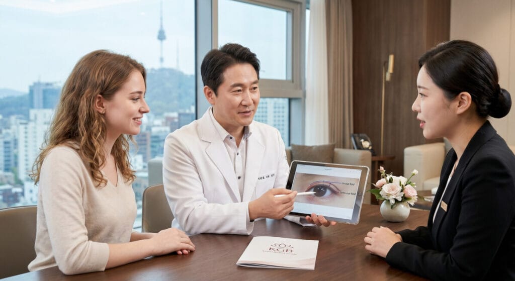 A board-certified Korean plastic surgeon explaining in-out fold vs semi-out fold double eyelid surgery to an international patient, assisted by a Korea Beauty Guide VIP translator.