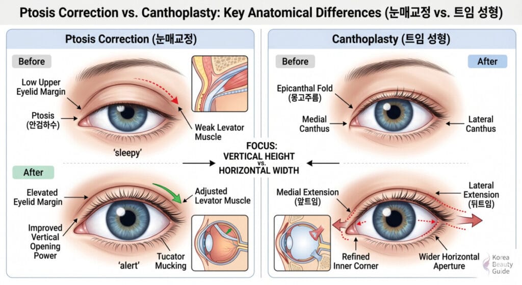 Medical illustration comparing the anatomical differences between ptosis correction for vertical eyelid lifting and canthoplasty for horizontal eye extension, provided by Korea Beauty Guide.