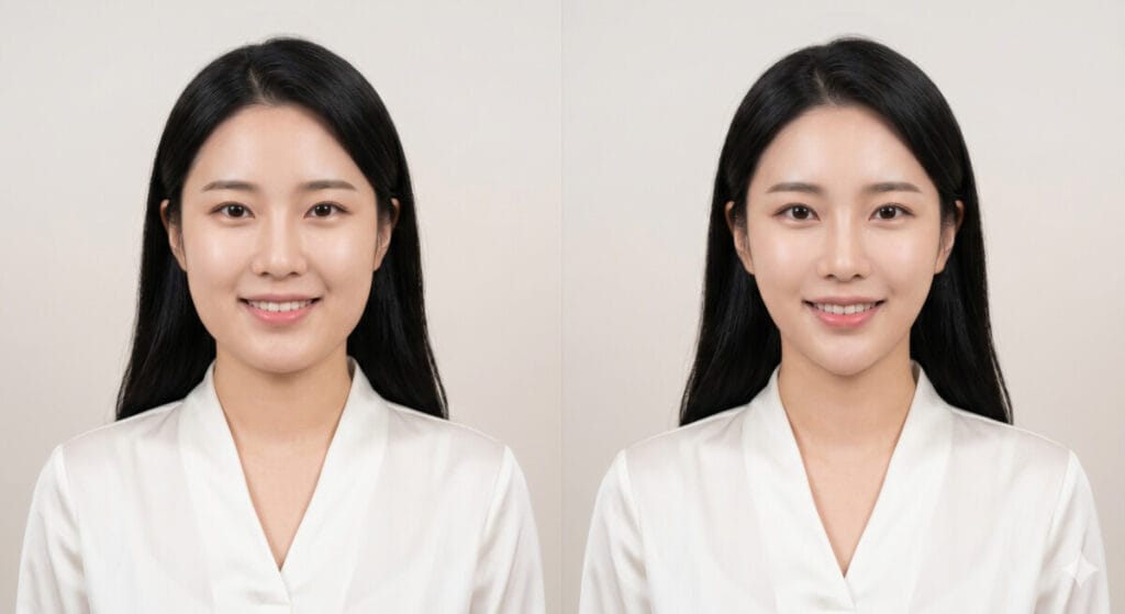 20-something Asian female before and after V-line jaw contouring surgery in South Korea