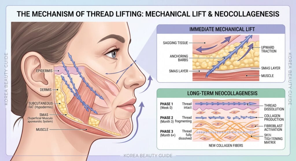 Anatomical diagram illustrating the dual mechanism of a non-surgical thread lift, showing the mechanical lifting of the SMAS layer and neocollagenesis in the subcutaneous fat.