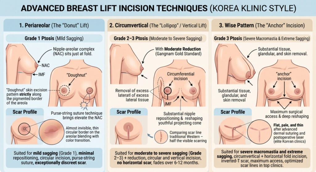 Medical illustration comparing three advanced breast lift and reduction incision techniques used by Seoul specialists: Periareolar (Donut), Circumvertical (Lollipop), and Wise Pattern (Anchor) methods, with details on ptosis grades and scar profiles. Text mentions 'Gangnam Gold Standard' and 'Elite Korean Clinics'. Image source: krbeautyguide.com