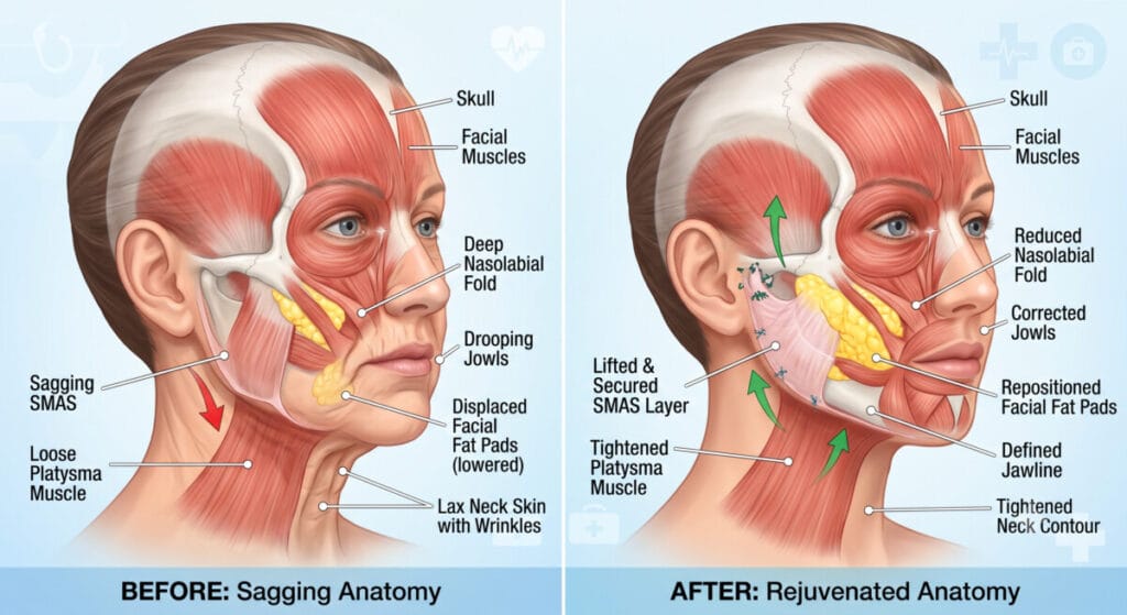 Anatomical before and after illustration of a SMAS facelift in South Korea, demonstrating the repositioning of the deep SMAS layer, facial fat pads, and platysma muscle for natural rejuvenation.