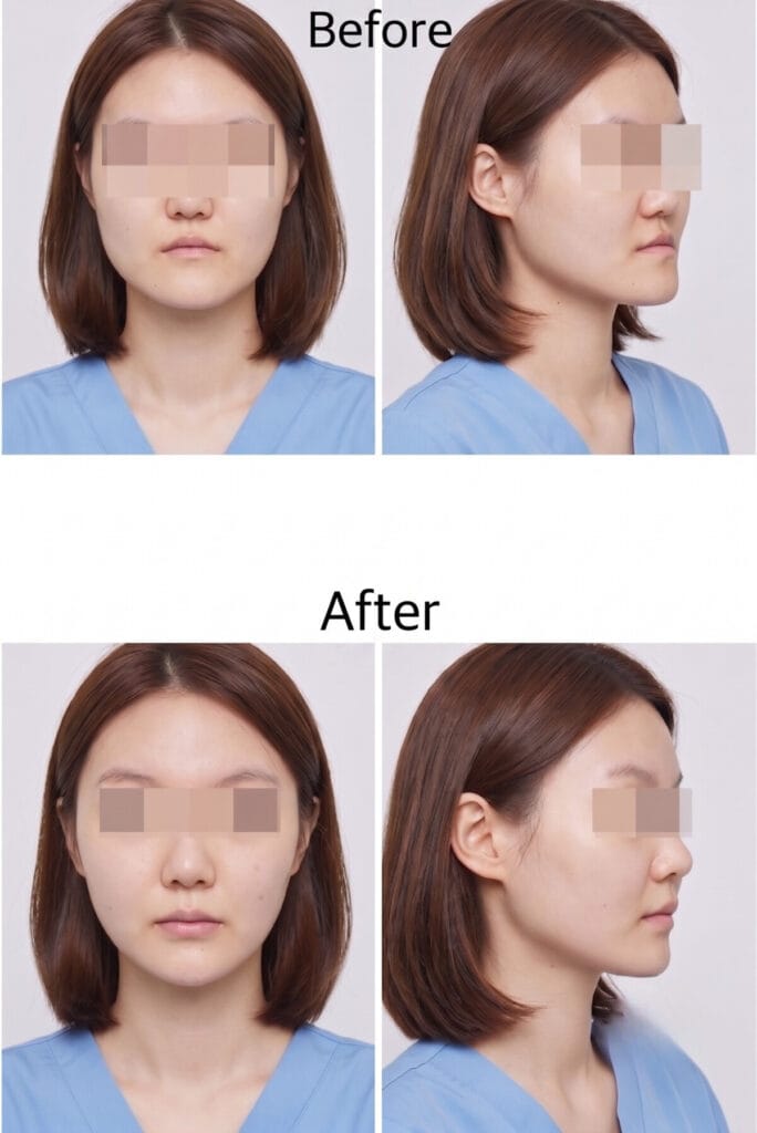 Before and after comparison of a patient who underwent two jaw surgery in Korea to correct mandibular prognathism and facial asymmetry.