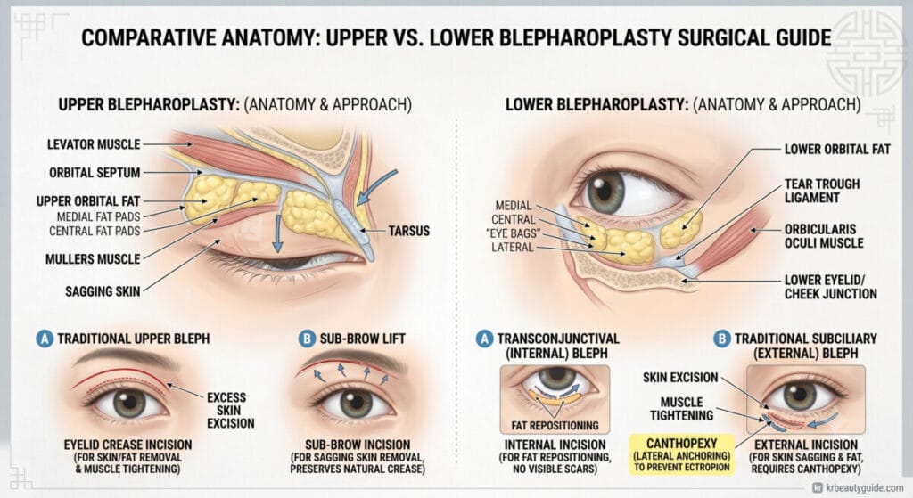 Anatomical comparison of upper and lower blepharoplasty in South Korea, illustrating sub-brow lift, transconjunctival fat repositioning, and canthopexy techniques by Korea Beauty Guide.
