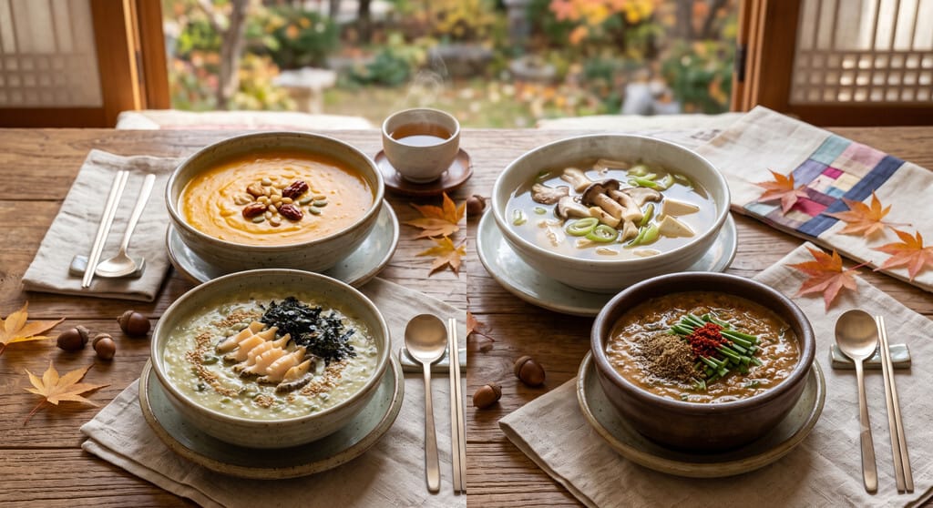 Autumn seasonal Korean food for recovery. Pumkin soup, Abalone soup, mushroom soup, Mudfish soup image.