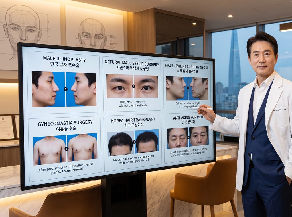 A specialized surgeon from KR Beauty Guide explaining 6 male-specific plastic surgery trends, including Korea male rhinoplasty, eyelid ptosis correction, and jawline contouring, via a digital screen in a VIP consultation room in Gangnam, Seoul.