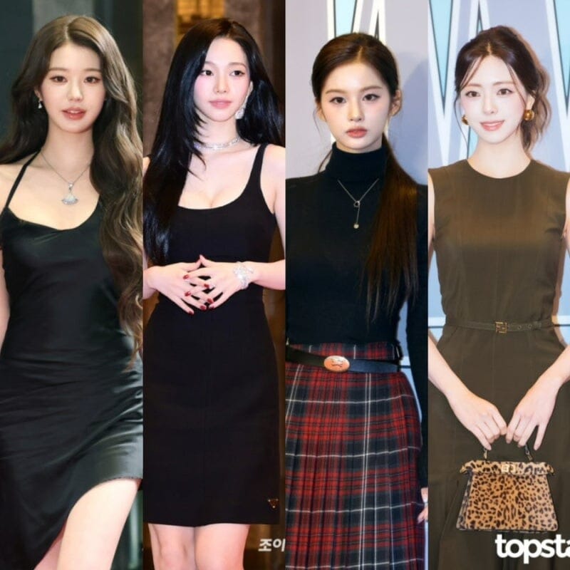 대체 텍스트 (Alt Text)
K-Pop idols Jang Won-young, Karina, Sullyoon, and Yuna displaying flawless Korean glass skin, highlighting the importance of professional celebrity skincare management.